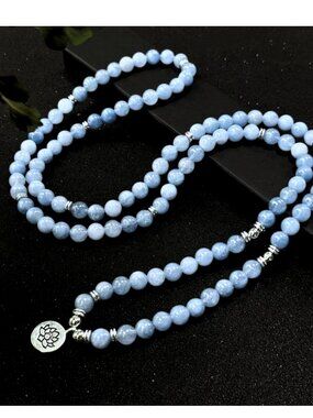 Meditation-Prayer Bracelet Aquamarine Beads Clarity & Protection Lotus Pendant